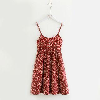 Spaghetti Strap Floral Print A-line Dress Floral Print - Wine Red - One Size