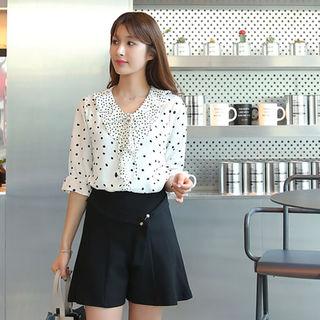 Tie-neck Polka-dot Ruffled Blouse