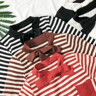 Ribbon-neckline Striped Knit Top
