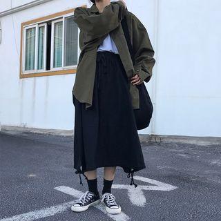 Long-sleeve Cargo Shirt / A-line Midi Skirt