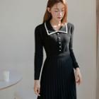 Piped Faux-pearl Buttoned Long Knit Dress
