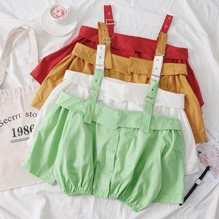 Buckled-strap Off-shoulder Crop Shirt