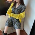 Plain Cardigan / V-neck Floral Print Drawstring A-line Dress