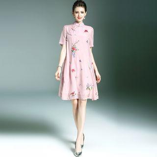 Mandarin Collar Embroidered Short-sleeve A-line Dress