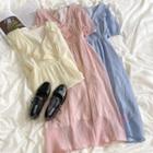 Short-sleeve Plain Ruffle Trim V-neck Dress