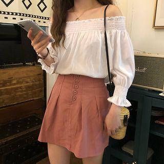 Off-shoulder Long-sleeve Top / High Waist A-line Skirt