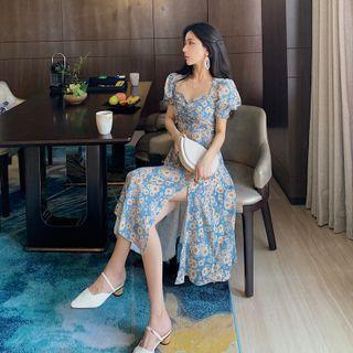 Square-neck Floral A-line Split Dress