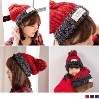 Pompom Two Tone Melange Applique Beanie