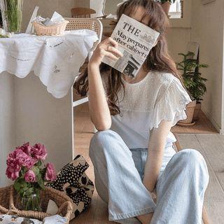 Flutter-sleeve Lace-yoke Blouse Ivory - One Size