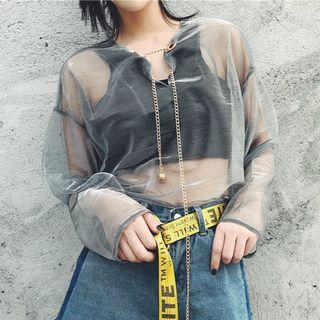 Chain Detail Cropped Long Sleeve Mesh Top