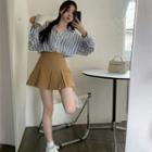Long-sleeve Striped Shirt / Pleated Mini A-line Skirt