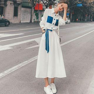 Long-sleeve Two Tone Midi Shirtdress