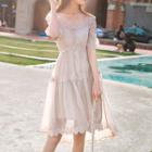 Lace Trim Off Shoulder Elbow Sleeve Dress
