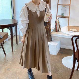 Lantern-sleeve Collared Plain Blouse / Sleeveless V-neck Pleated Dress