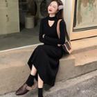 Long-sleeve Mock Neck Cut Out Midi Dress Black - One Size