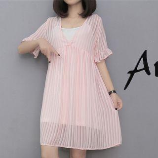 Set: Short-sleeve Striped A-line Dress + Slipdress