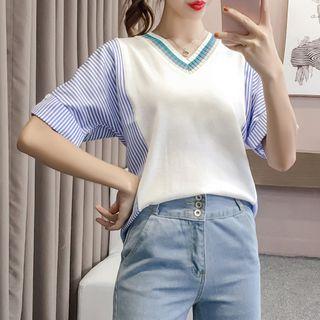 Striped Panel Short-sleeve V-neck Knit Top