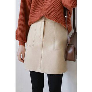 Zip-front Wool Blend A-line Mini Skirt
