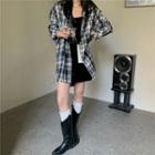 Long-sleeve Plaid Loose Fit Shirt / Velvet Spaghetti-strap Mini Sheath Dress