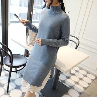 Mock-neck Slit Wool Blend Sweater Dress