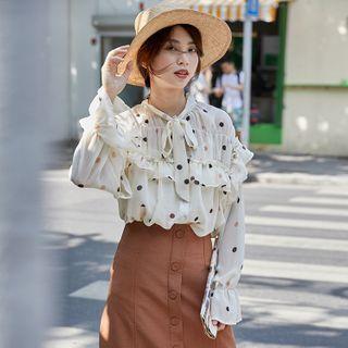 Dotted Tie-neck Ruffle Trim Long-sleeve Blouse As Shown In Figure - One Size