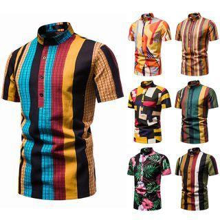 Short-sleeve Stand Collar Print Shirt
