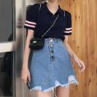 Short-sleeve Collared Knit Top / Ripped A-line Denim Skirt