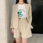 Printed Crewneck Short-sleeve Top / Plain Long-sleeve Blazer / High-waist Shorts
