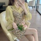 Puff-sleeve Shirt / Spaghetti Strap Floral Dress