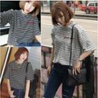 Elbow-sleeve Striped Embroidery T-shirt