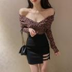 Long-sleeve Animal Printed Top / Asymmetric Plain Skirt