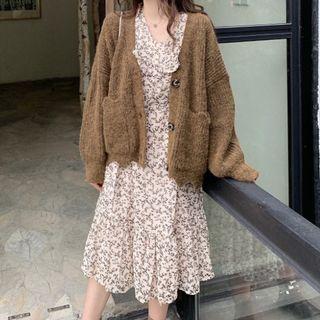 Set: Print Ruffled Chiffon Dress + Loose-fit Cardigan
