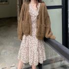 Set: Print Ruffled Chiffon Dress + Loose-fit Cardigan