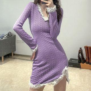 V-neck Lace-panel Knitted Dress