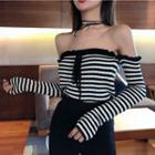 Off-shoulder Striped Long-sleeve Top Stripes - One Size