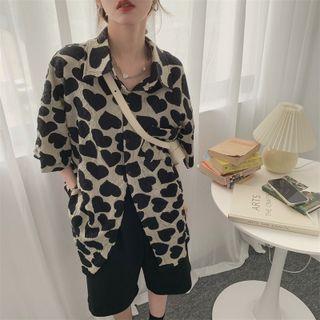 Short-sleeve Heart Print Shirt Black Heart - Beige - One Size