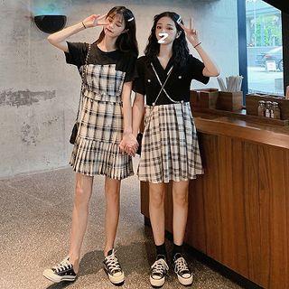 Short-sleeve Plaid Paneled Pleated A-line Mini Dress