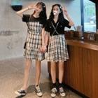 Short-sleeve Plaid Paneled Pleated A-line Mini Dress