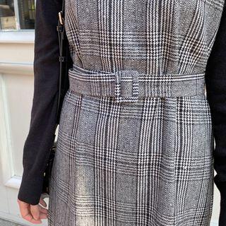 Sleeveless V-neck Glen-plaid Midi Dress With Belt Black - One Size
