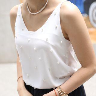 Spaghetti-strap Faux-pearl Top
