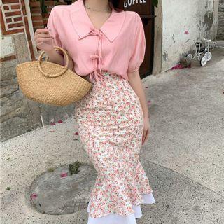 Short-sleeve Blouse / Floral Print Midi Mermaid Skirt