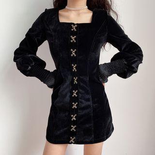 Long-sleeve Square-neck Mini Sheath Velour Dress