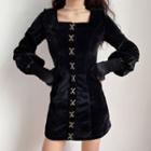 Long-sleeve Square-neck Mini Sheath Velour Dress
