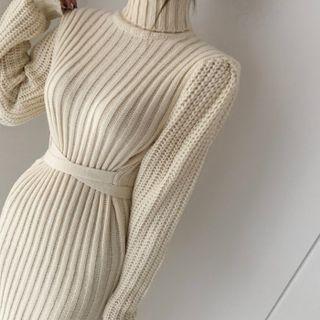 Turtleneck Plain Knit Dress Off-white - One Size
