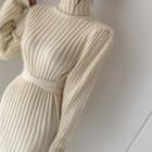 Turtleneck Plain Knit Dress Off-white - One Size