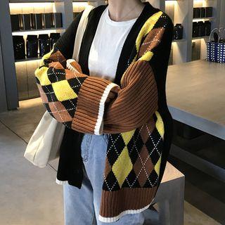 Oversize Color Panel Argyle Knit Cardigan