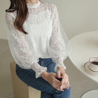 Mesh-overlay Bishop-sleeve Lace Top