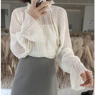 Mock Neck Pleated Blouse Beige - One Size