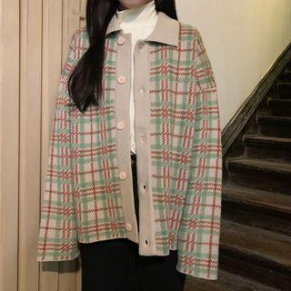 Collared Plaid Knit Cardigan Green - One Size