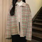 Collared Plaid Knit Cardigan Green - One Size